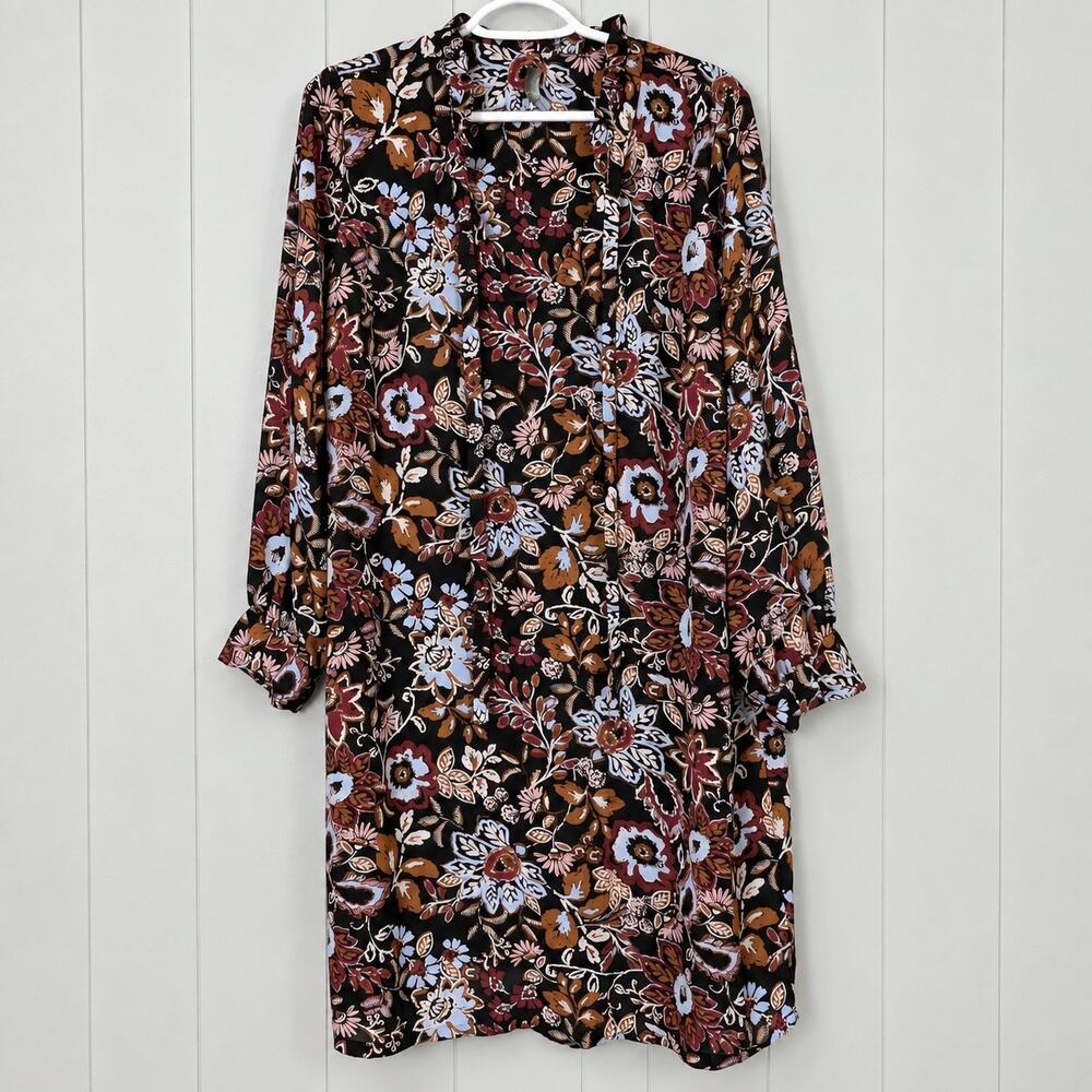 Dress Women's 1X Black Floral Shift Tie Neck Ruffle Sleeve Plus Size Massini